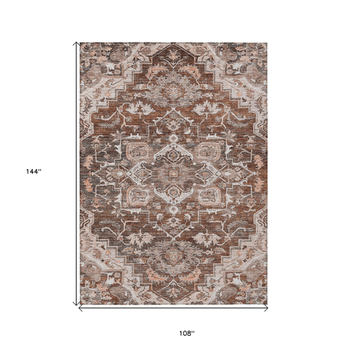 9' X 12' Terra Cotta Brown And Copper Oriental Washable Indoor Outdoor Area Rug