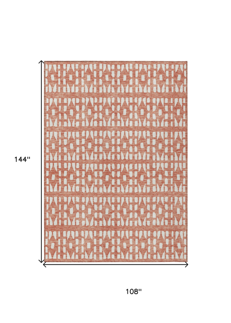 9' X 12' Salmon And Ivory Geometric Washable Indoor Outdoor Area Rug