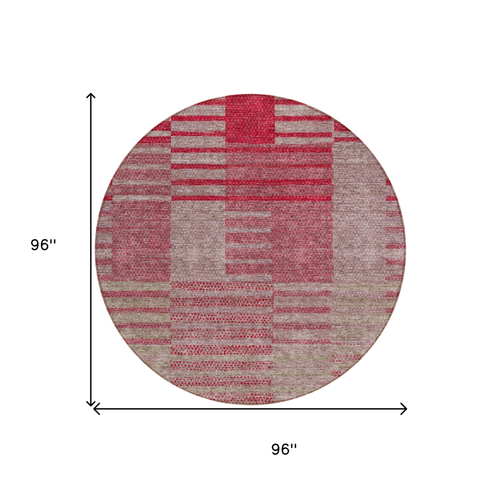 8' Burgundy Pink And Blush Round Striped Washable Indoor Outdoor Area Rug