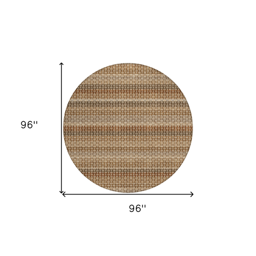 8' Orange And Copper Round Striped Washable Indoor Outdoor Area Rug