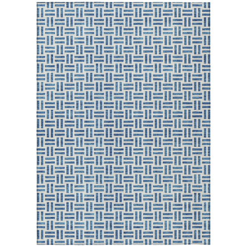 8' X 10' Denim Blue And Ivory Geometric Washable Indoor Outdoor Area Rug