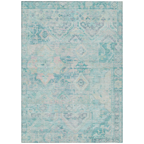 9' X 12' Teal Blue And Pink Floral Medallion Washable Indoor Outdoor Area Rug