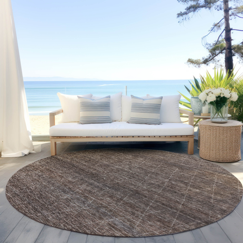 8' Coffee And Ivory Round Geometric Washable Indoor Outdoor Area Rug