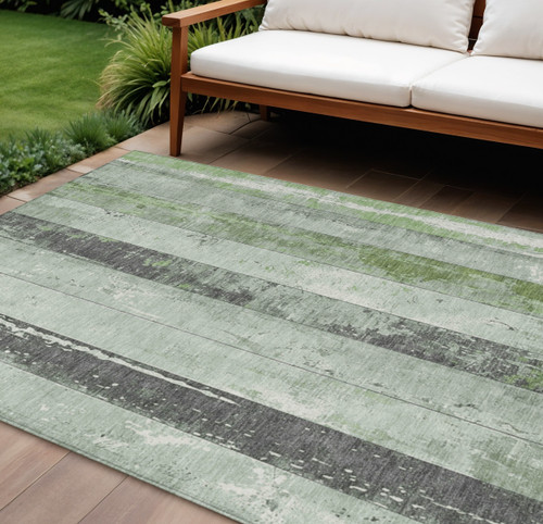 9' X 12' Artichoke Green And Gray Striped Washable Indoor Outdoor Area Rug