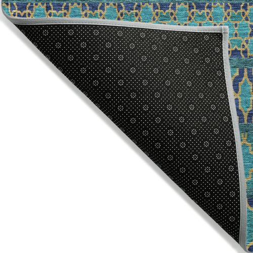 8' Teal Blue And Navy Blue Round Quatrefoil Washable Indoor Outdoor Area Rug