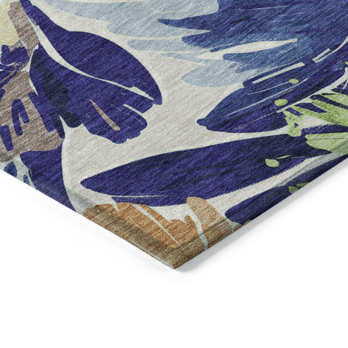 8' Navy Blue And Beige Round Floral Washable Indoor Outdoor Area Rug