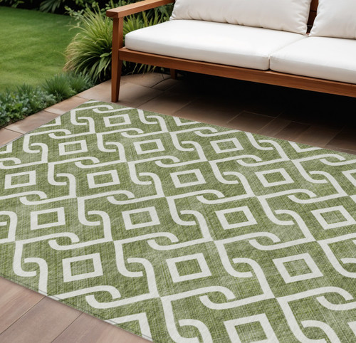 10' X 14' Olive Green And Ivory Geometric Washable Indoor Outdoor Area Rug