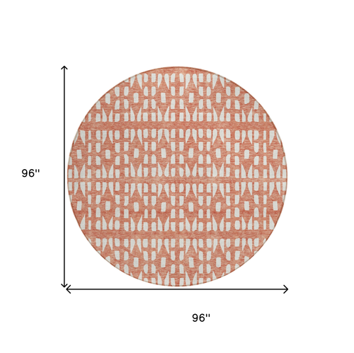 8' Salmon And Ivory Round Geometric Washable Indoor Outdoor Area Rug