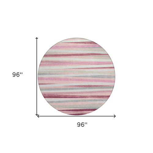 8' Pink Ivory And Gray Round Striped Washable Indoor Outdoor Area Rug