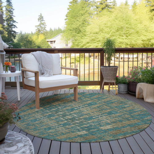 8' Teal Blue Taupe And Beige Round Moroccan Washable Indoor Outdoor Area Rug