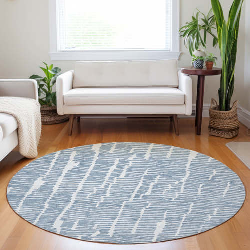 8' Blue And Ivory Round Abstract Washable Indoor Outdoor Area Rug