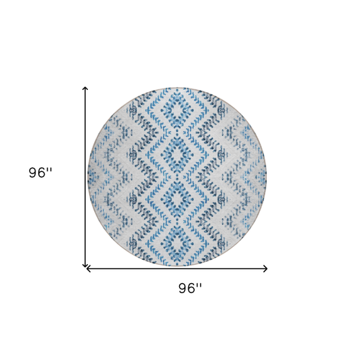 8' Navy Blue And Denim Blue Round Geometric Washable Indoor Outdoor Area Rug