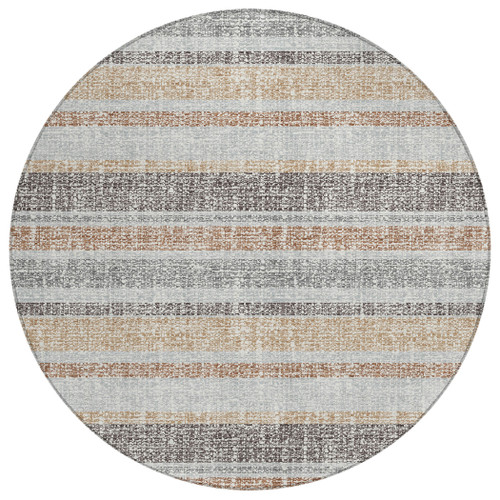 8' Gray And Silver Round Striped Washable Indoor Outdoor Area Rug - Gray, Silver