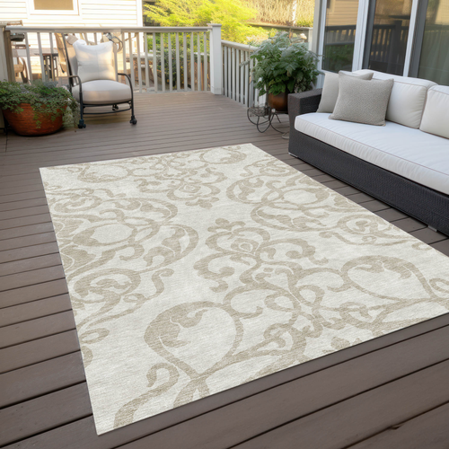 8' X 10' Ivory And Beige Damask Washable Indoor Outdoor Area Rug