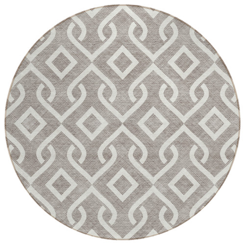 8' Taupe And Ivory Round Geometric Washable Indoor Outdoor Area Rug