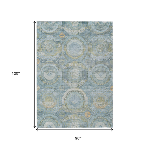 8' X 10' Blue And Gold Medallion Washable Indoor Outdoor Area Rug