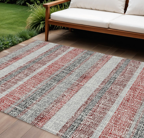 8' X 10' Burgundy And Silver Striped Washable Indoor Outdoor Area Rug