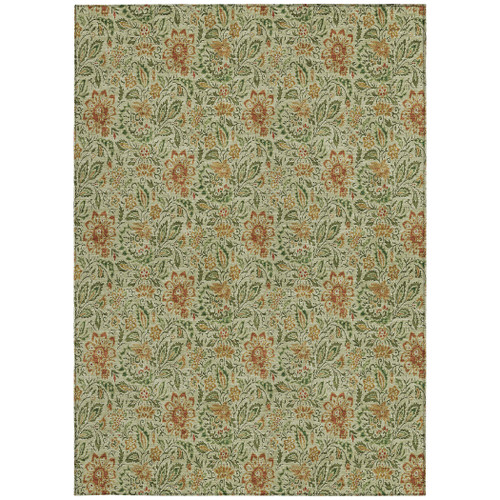 9' X 12' Green Copper And Sage Floral Washable Indoor Outdoor Area Rug