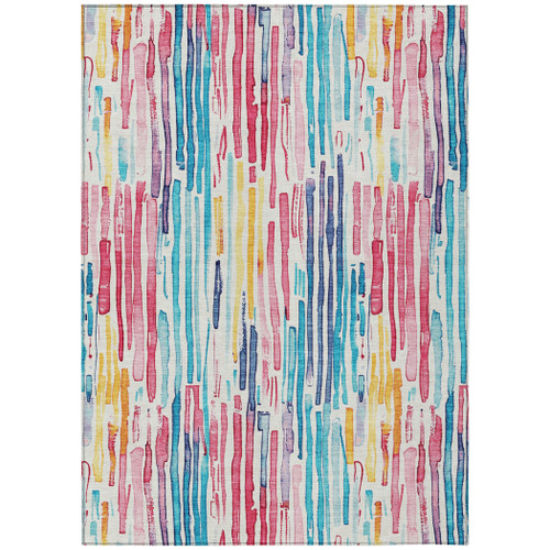 10' X 14' White Pink And Teal Blue Striped Washable Indoor Outdoor Area Rug