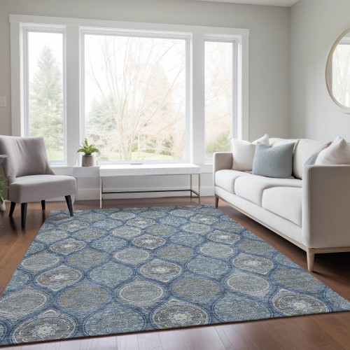 10' X 14' Navy Blue Ivory And Taupe Floral Medallion Washable Indoor Outdoor Area Rug