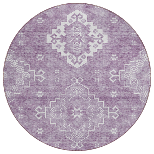 8' Lavender Plum And Ivory Round Medallion Washable Indoor Outdoor Area Rug