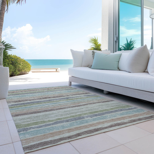 8' X 10' Beige Brown And Gray Striped Washable Indoor Outdoor Area Rug - Beige, Brown, Gray