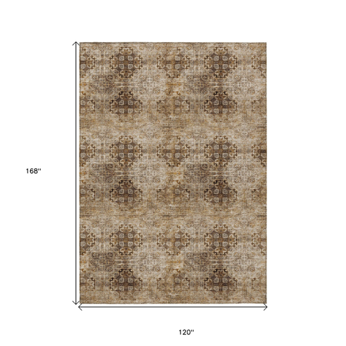 10' X 14' Taupe Floral Medallion Washable Non Skid Indoor Outdoor Area Rug