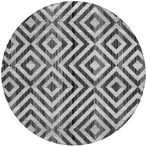 8' Black Gray And Silver Round Geometric Washable Indoor Outdoor Area Rug