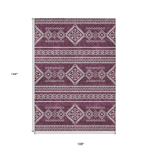 9' X 12' Eggplant And Ivory Southwestern Washable Indoor Outdoor Area Rug
