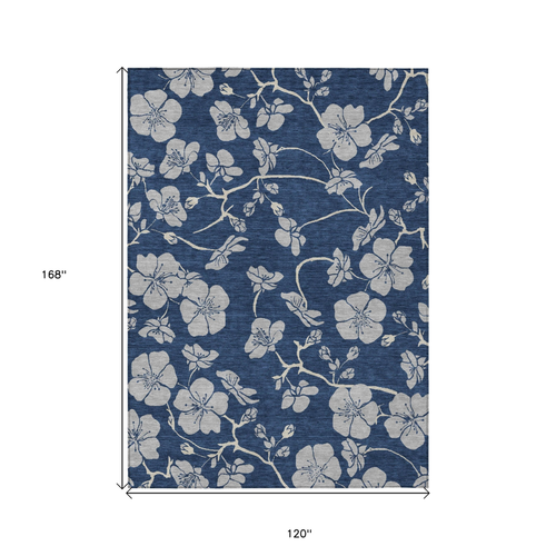 10' X 14' Navy Blue And Gray Floral Washable Indoor Outdoor Area Rug
