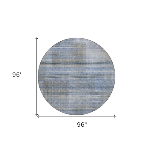 8' Denim Blue And Sky Blue Round Striped Washable Indoor Outdoor Area Rug