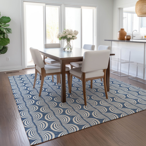 8' X 10' Denim Blue And Ivory Ogee Washable Indoor Outdoor Area Rug