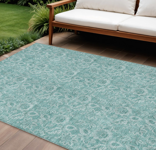 9' X 12' Teal Blue And Aqua Floral Washable Indoor Outdoor Area Rug