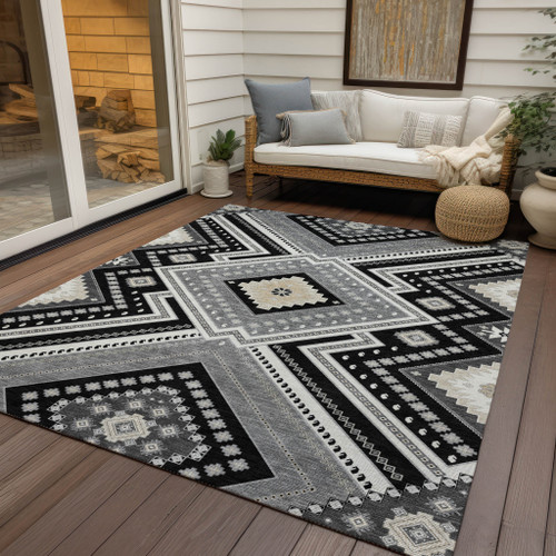 8' X 10' Black Gray And Ivory Tribal Washable Indoor Outdoor Area Rug
