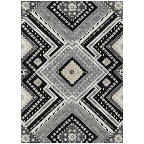 8' X 10' Black Gray And Ivory Tribal Washable Indoor Outdoor Area Rug