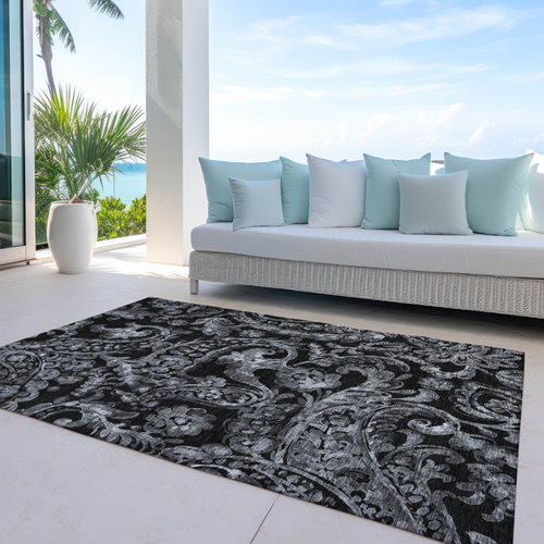 10' X 14' Black Gray And Charcoal Paisley Washable Indoor Outdoor Area Rug