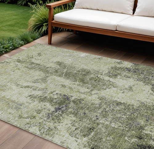 10' X 14' Artichoke Green And Fern Green Abstract Washable Indoor Outdoor Area Rug