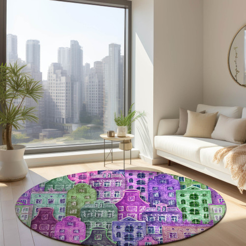8' Purple Lilac And Green Round Geometric Washable Indoor Outdoor Area Rug