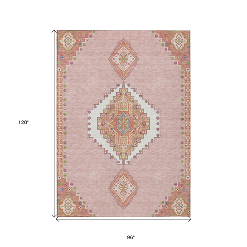 8' X 10' Pink Green And Ivory Oriental Washable Indoor Outdoor Area Rug
