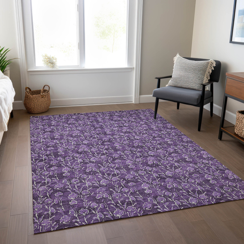 10' X 14' Purple Eggplant And Ivory Floral Washable Indoor Outdoor Area Rug