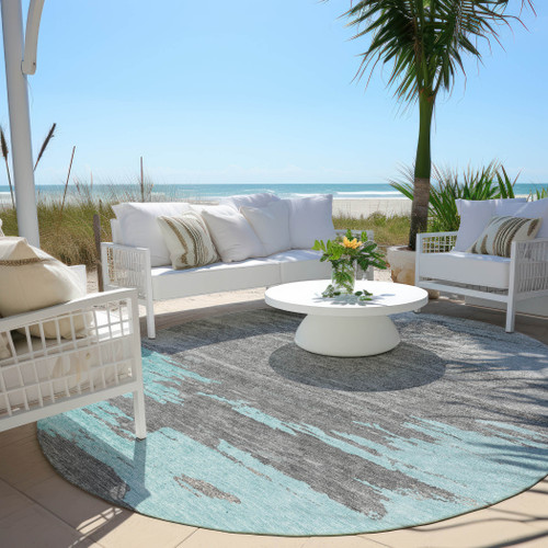8' Teal Blue And Gray Round Abstract Washable Indoor Outdoor Area Rug - Teal Blue, Gray