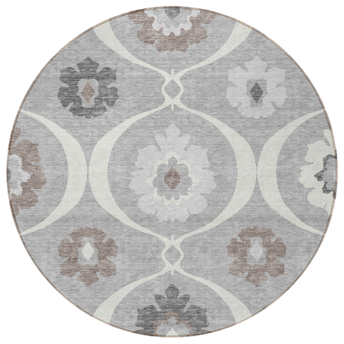 8' Gray Charcoal And Brown Round Medallion Washable Indoor Outdoor Area Rug