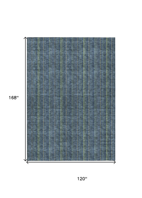 10' X 14' Blue Denim Blue And Mint Green Striped Washable Indoor Outdoor Area Rug