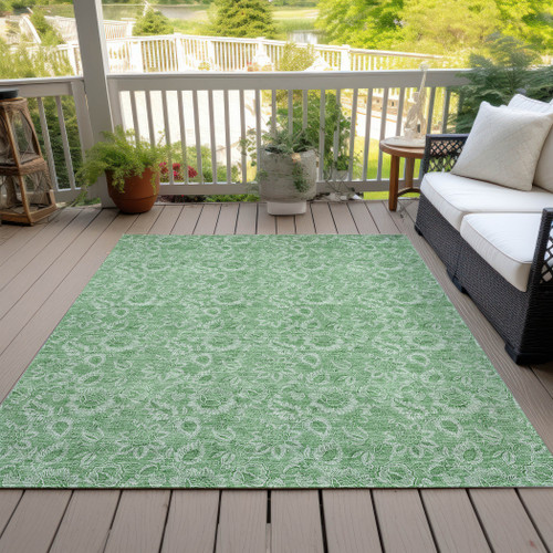 8' X 10' Green And Artichoke Green Floral Washable Indoor Outdoor Area Rug