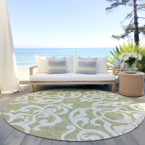 8' Sage And Ivory Round Damask Washable Indoor Outdoor Area Rug