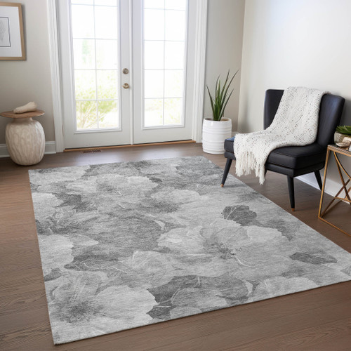 9' X 12' Gray And Charcoal Floral Washable Indoor Outdoor Area Rug