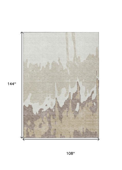 9' X 12' Ivory And Beige Abstract Washable Indoor Outdoor Area Rug