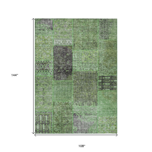 9' X 12' Green And Olive Green Patchwork Washable Indoor Outdoor Area Rug