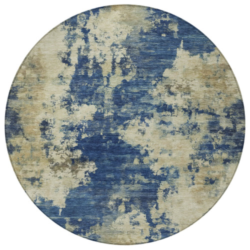 8' Navy Blue And Beige Round Abstract Washable Indoor Outdoor Area Rug - Navy Blue, Beige