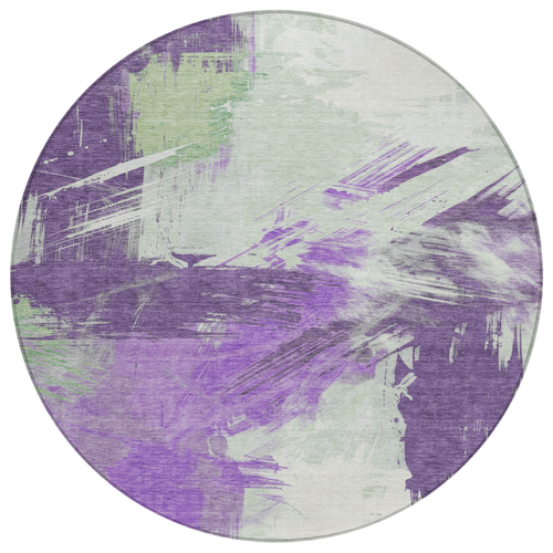 8' Purple Mint Green And Ivory Round Abstract Washable Indoor Outdoor Area Rug